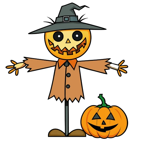 AI,JPG Cartoon Scarecrow with Pumpkin Illustration