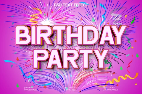 PSD Efeito de estilo de fonte 3d de fogos de artifício de festa de aniversário