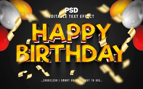 PSD Feliz cumpleaños globos de oro fiesta 3d efecto de texto
