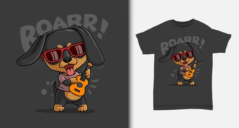 EPS,JPG Desenho de camiseta de cachorro músico em desenho animado