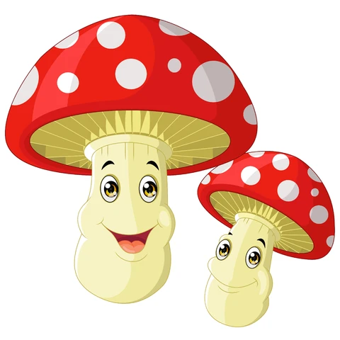 EPS,JPG Personagens amigáveis de cogumelos em estilo cartoon
