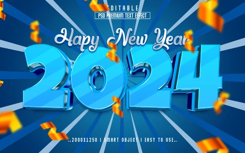 PSD 2024 Party Blue Glass 3D Text Effect