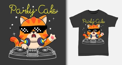 EPS,JPG Party Cats DJ-Themed T-Shirt Design