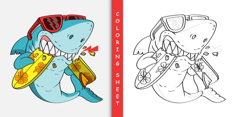 EPS,JPG Ilustração de tubarão colorido em desenho animado e folha para colorir