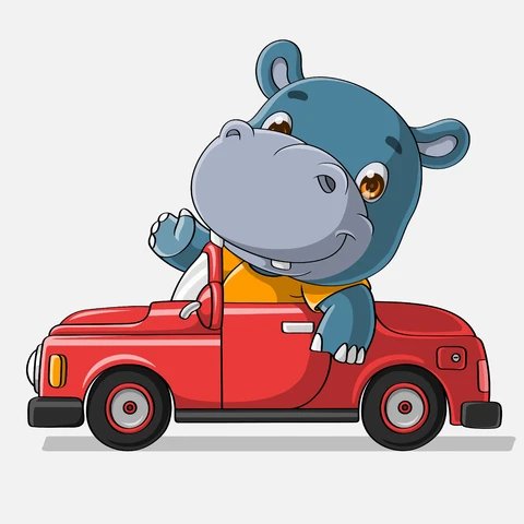 EPS,JPG Ilustración de hipopótamo en coche estilo cartoon