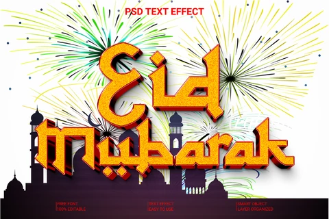 PSD Eid mubarak fuegos artificiales estilo de fuente efecto