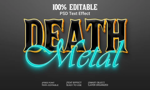 PSD Death Metal Black Gold Turquoise 3D Text Effect