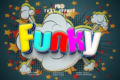PSD Funky cartoon explosie grappig veelkleurig 3d teksteffect