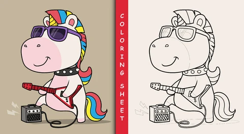 EPS,JPG Colorful Cartoon Unicorn Coloring Sheet