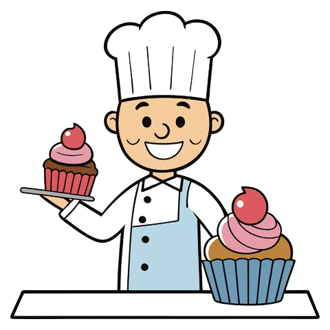 AI,JPG Carino panettiere cartone animato con illustrazione di cupcakes