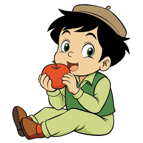 AI,JPG Personagem de desenho animado comendo uma maçã