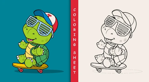 EPS,JPG Colorful Cartoon Turtle On Skateboard