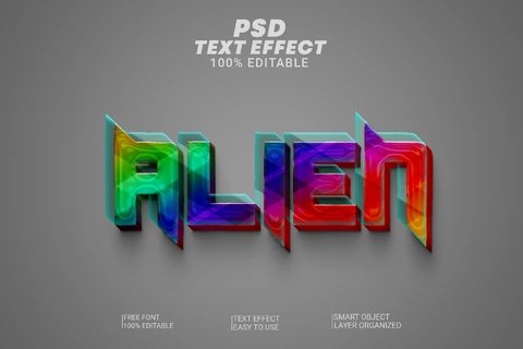 PSD Alien Multicolor Glossy Sharp 3D Text Effect