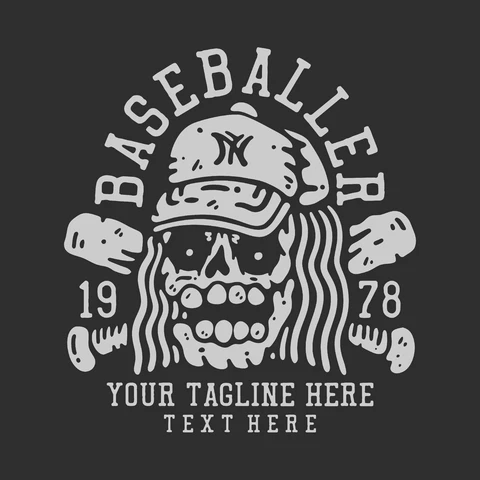 EPS,JPG Diseño monocromático de camiseta con calavera de béisbol