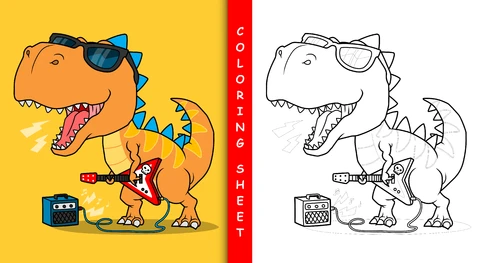 EPS,JPG Cartoon Dinosaur Rock Star Coloring Sheet