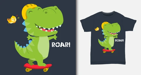 EPS,JPG Cute Cartoon Dinosaur On Skateboard T-shirt Design