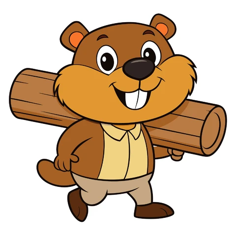 AI,JPG Cartoon Biberfigur mit Baumstamm