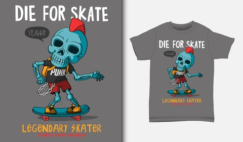 EPS,JPG Ilustração de camiseta com tema de skate