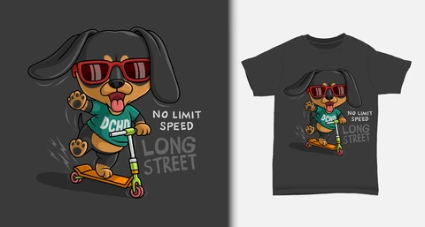 EPS,JPG Desenho de camiseta de cachorro em desenho animado em um skate