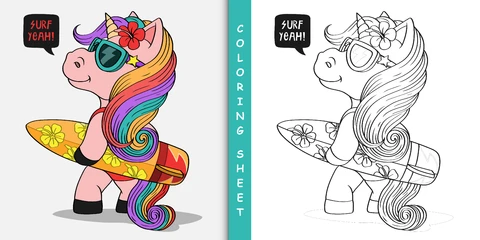 EPS,JPG Colorido unicornio surf - lámina para colorear
