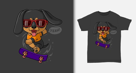 EPS,JPG Desenho de camiseta de cachorro em desenho animado em um skate