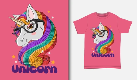 EPS,JPG Camiseta con diseño de unicornio de dibujos animados
