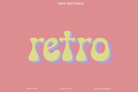 PSD Efeito de texto de estilo de fonte 3d hippie retrô em camadas