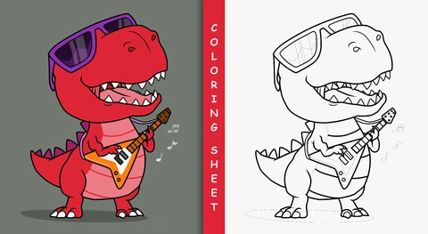EPS,JPG Dinossauro de desenho animado com violão para colorir