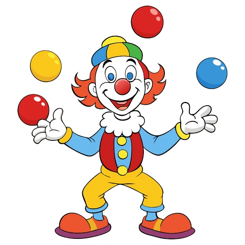 AI,JPG Palhaço de desenho animado fazendo malabarismos com bolas coloridas