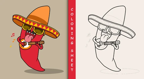 EPS,JPG Colorful and Line Art Chili Pepper Illustration