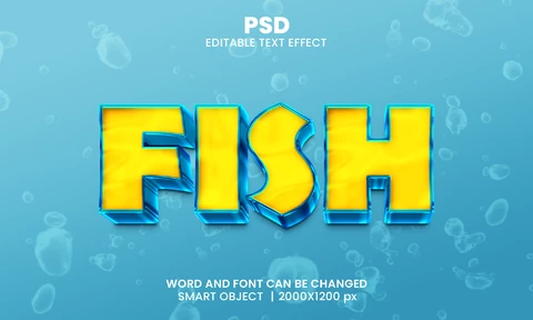 PSD Pescado amarillo océano 3d efecto de texto