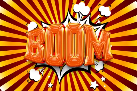 PSD Boom cartoon explosie glanzende 3d tekst effect