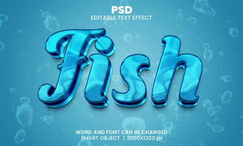 PSD Peces en el agua azul 3d efecto de texto