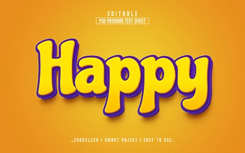 PSD Efeito de texto 3d roxo ensolarado e feliz