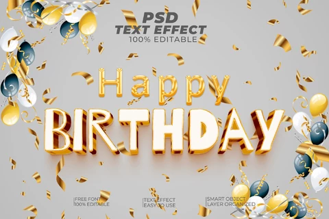 PSD Feliz cumpleaños fiesta de oro globos de oro 3d efecto de texto