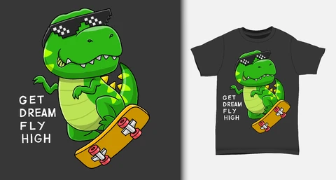 EPS,JPG Desenho de camiseta de skate de dinossauro de desenho animado jovem