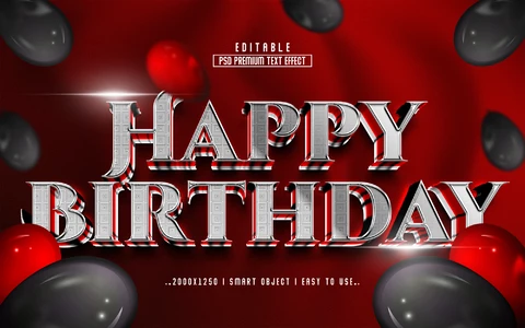 PSD Feliz cumpleaños fiesta de plata metálica 3d efecto de texto