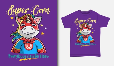 EPS,JPG Cartoon Style Unicorn Superhero T-shirt Design
