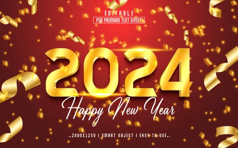 PSD Frohes neues Jahr 2024 Partei goldenen 3d Text-Effekt