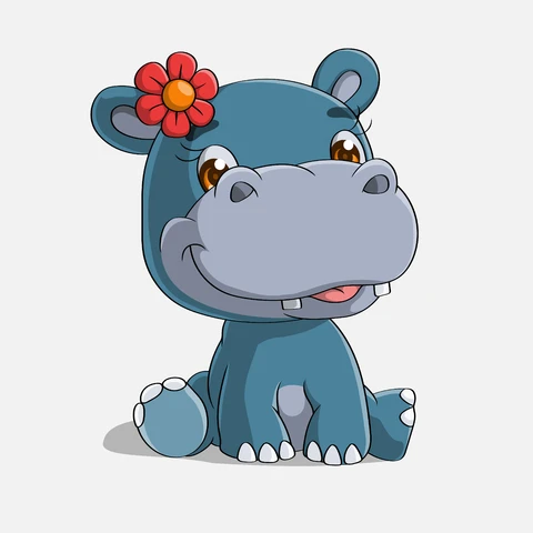 EPS,JPG Cute Cartoon Hippo with Flower Illustration