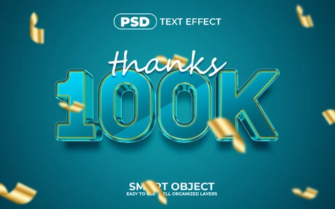 PSD Thanks 100K Party Teal 3D Text Effect
