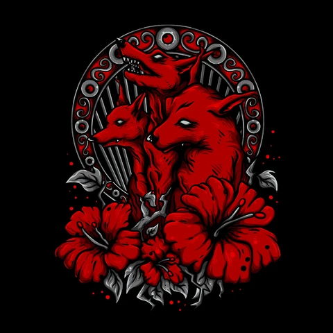 EPS,JPG Red Foxes and Hibiscus Floral Illustration