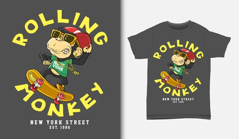 EPS,JPG Desenho de camiseta de macaco de desenho animado em estilo urbano