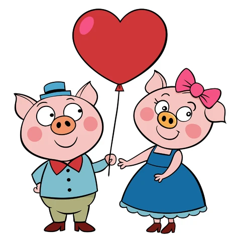 AI,JPG Cartoon Style Pig Couple with Heart Balloon