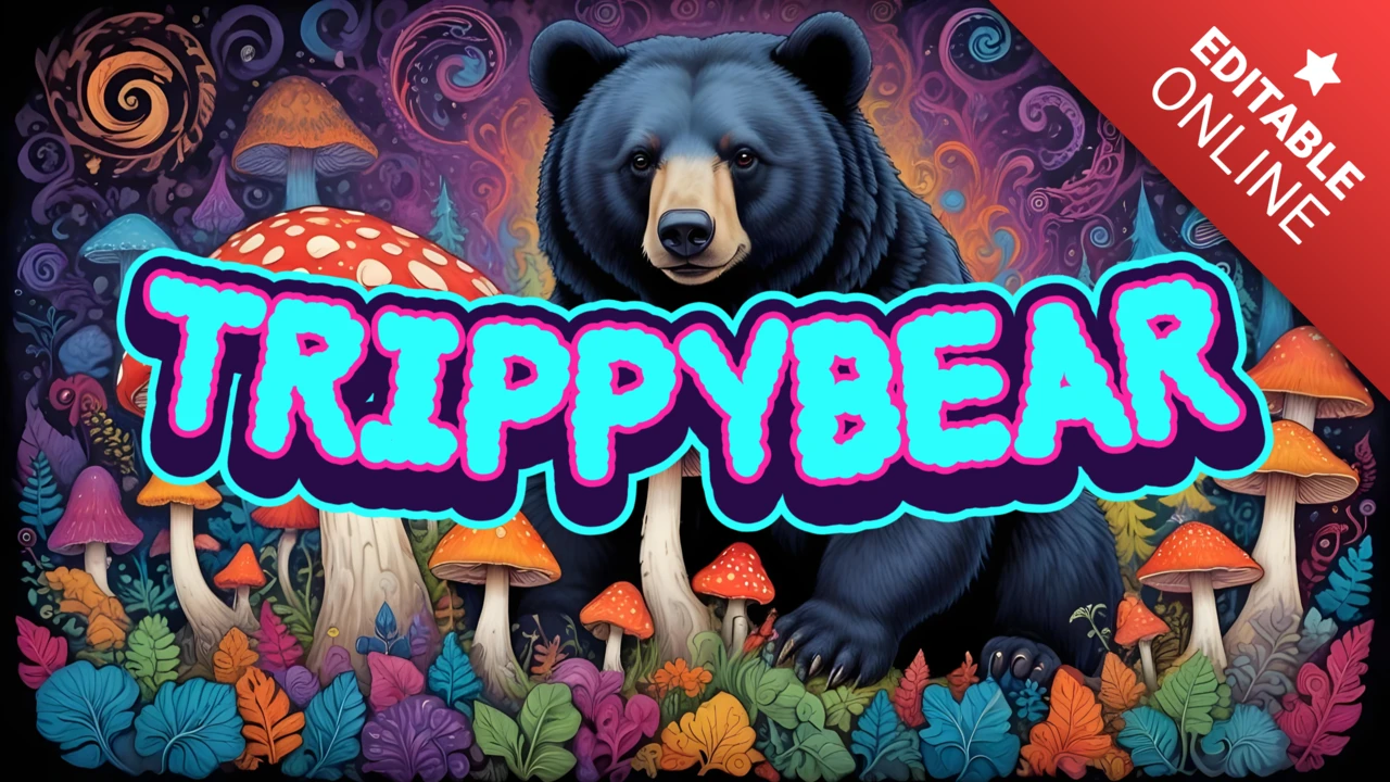 Efeito de texto de urso psicodélico com fundo de cogumelo vibrante - design trippy e atraente