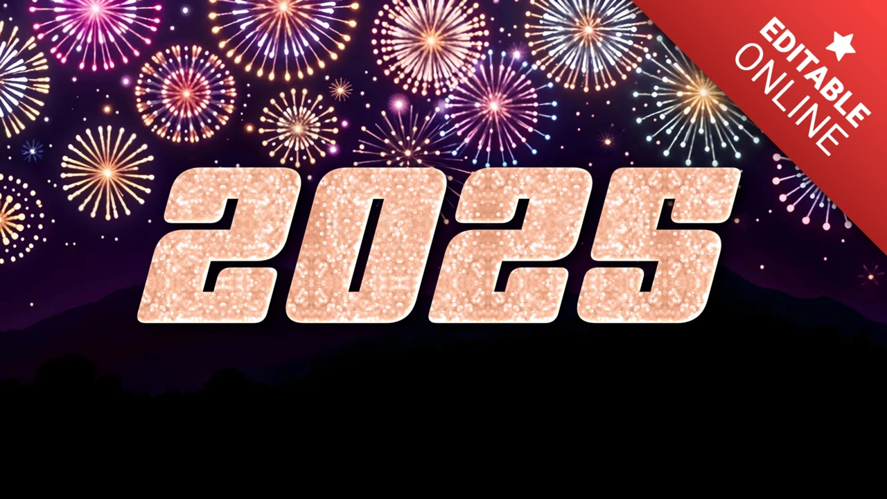 Fonkelend 2025 teksteffect met feestelijke vuurwerkachtergrond