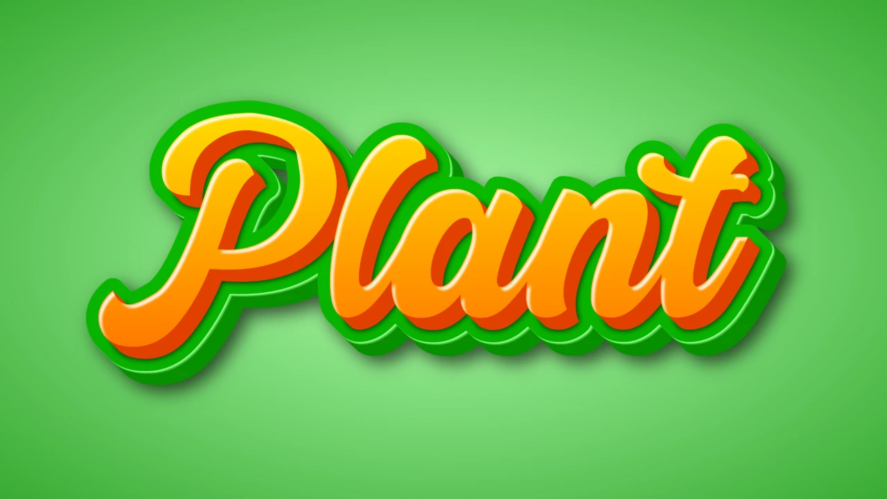 Efeito de texto 3D em script retrô com sombra de planta verde