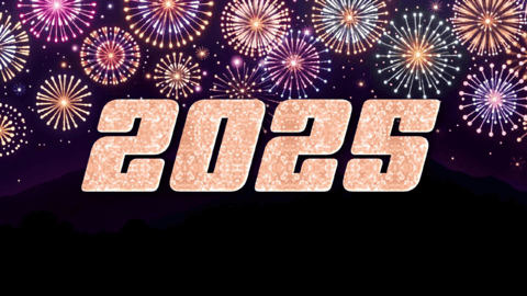 Fonkelend 2025 teksteffect met feestelijke vuurwerkachtergrond