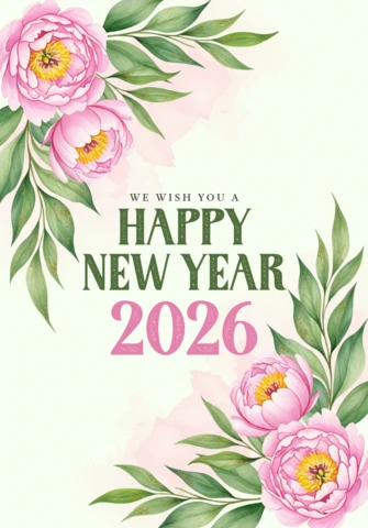 Modelo de saudação de ano novo 2026 com design floral, peônias em aquarela e mensagem de celebração suave.
