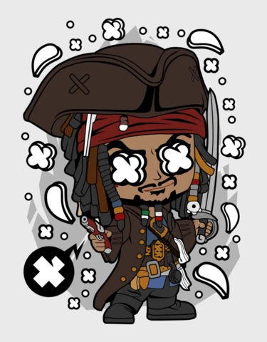 Jack sparrow personaje de dibujos animados cultura pop plantilla de diseño de ropa